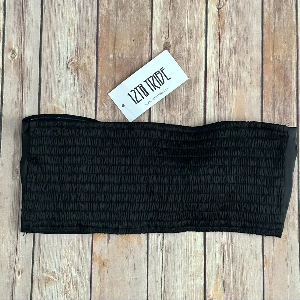 12th Tribe Black Satin-Look Bandeau Top with Smocked Back | Size Large - Picture 3 of 4